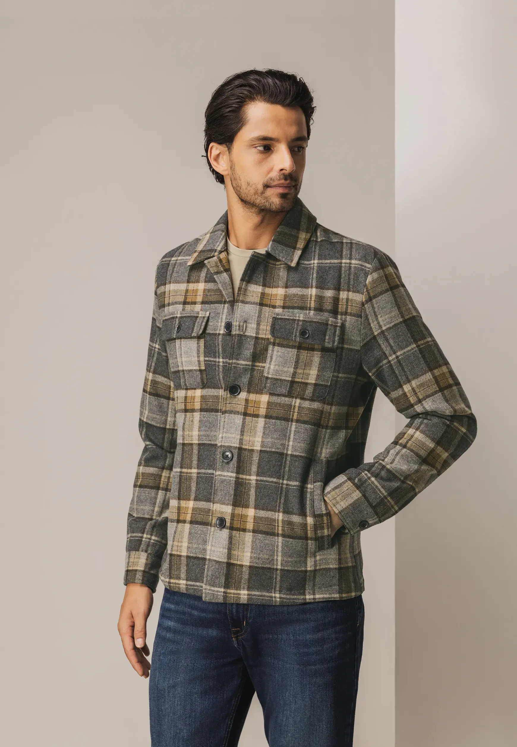 Geruit overshirt van wolmix